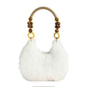 White Faux Fur Handbag with Wooden Handle